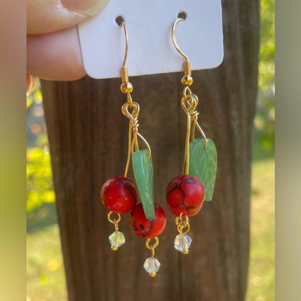 Sweet Red Cherries Hand Crafted Earrings - Picture 6 of 6